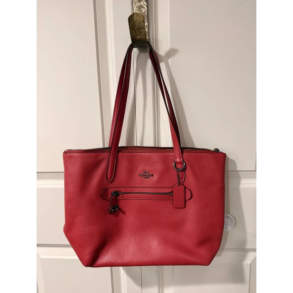 Coach Red Pebbled Leather Zip Top Tote Bag with Front Pocket and Dust Bag